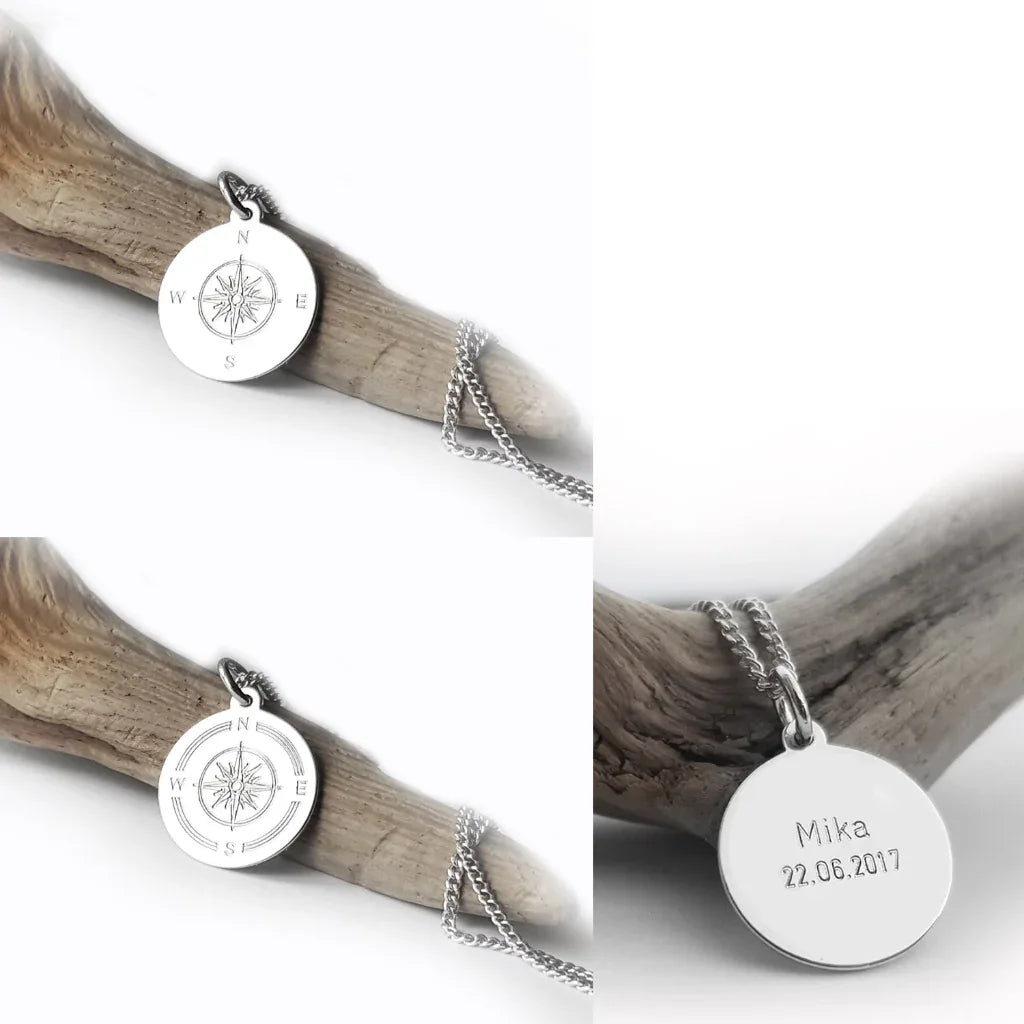 Kompass Kettenanhänger - Gravierte Kette aus Silber 925 - Latigga