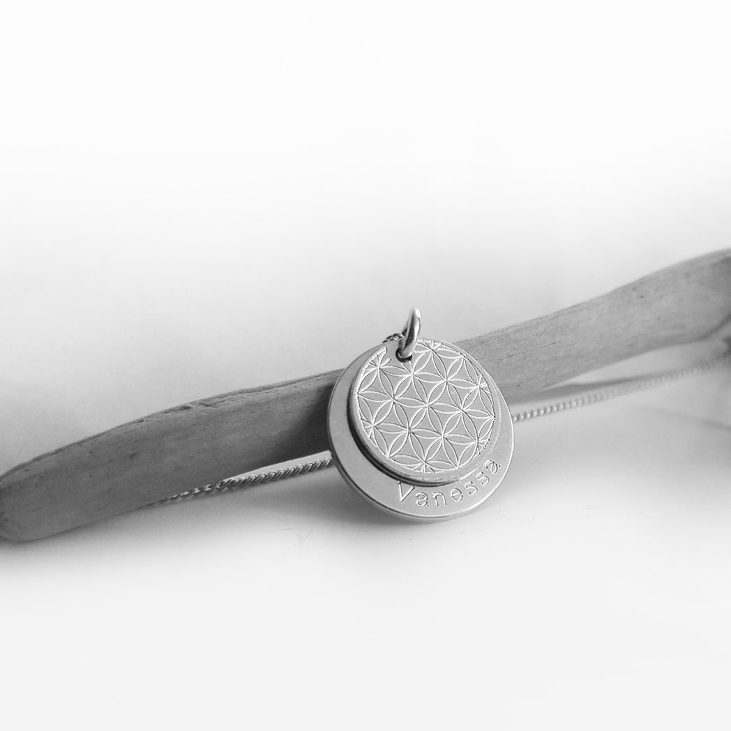Blume des Lebens Kette Silber 925, Doppelanhänger mit Gravur