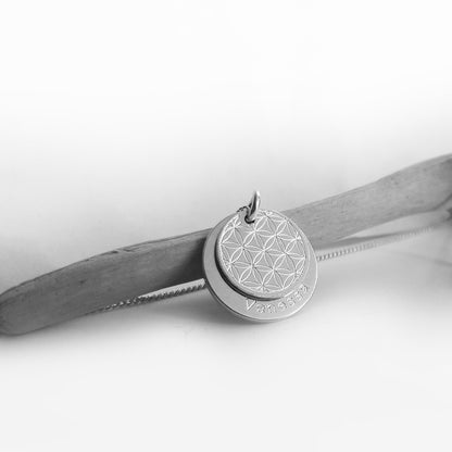 Blume des Lebens Kette Silber 925, Doppelanhänger mit Gravur