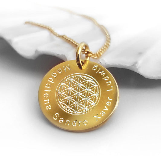 Blume des Lebens Kette aus vergoldetem 925 Silber mit Gravur von Namen