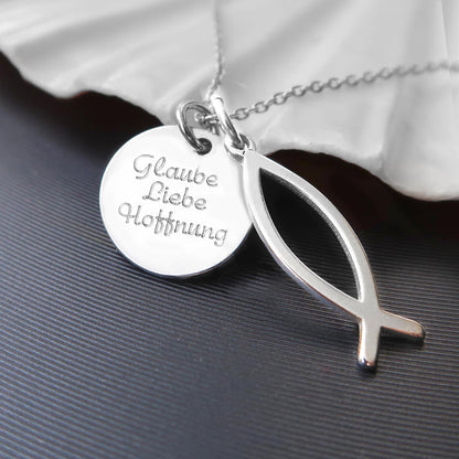 Christliche Kette aus 925 Silber mit Fisch Anhänger und Gravur