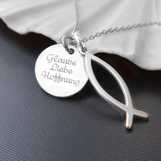 Christliche Kette aus 925 Silber mit Fisch Anhänger und Gravur