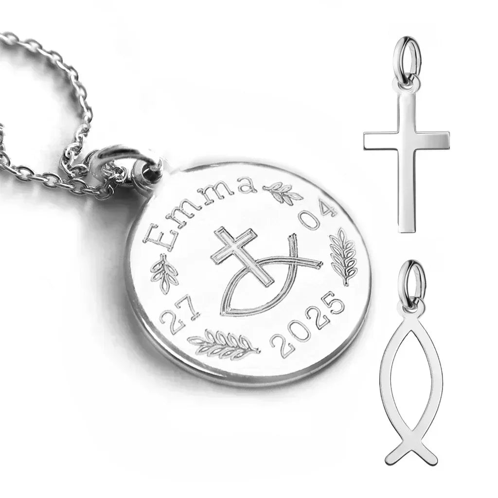 Personalisierte christliche Kinder- & Jugendkette aus 925 Silber mit Gravurplatte und Kreuz- oder Ichthys-Anhänger