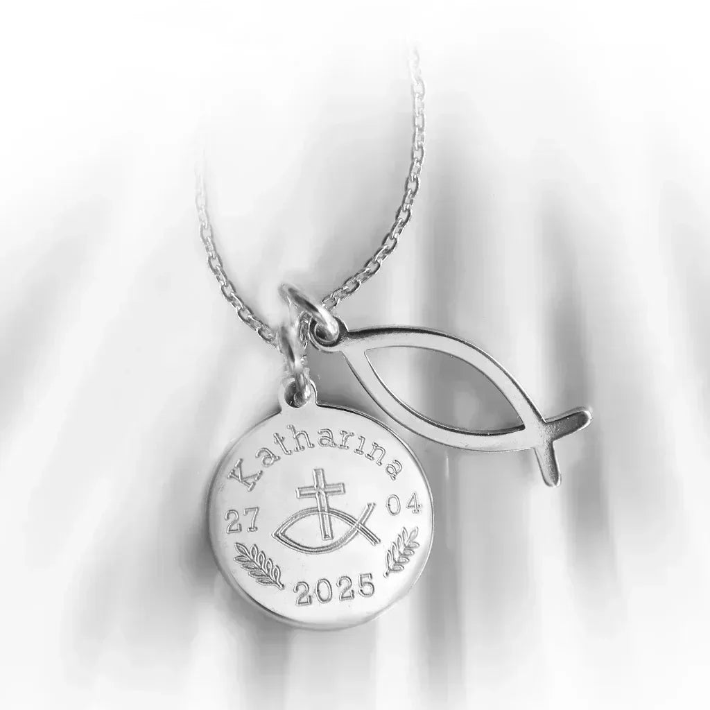 Personalisierte christlicheaus 925 Silber mit Gravurplatte Ichthys Fisch Anhänger