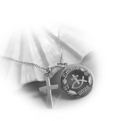 Personalisierte christliche Kette aus 925 Silber mit Gravurplatte und kleinem Kreuzanhänger