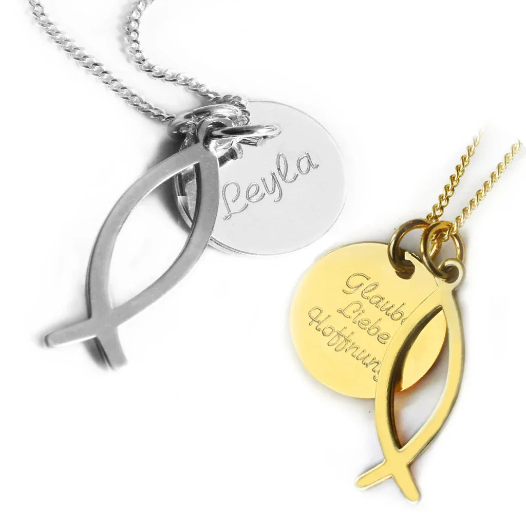 Personalisierte Christenfisch-Kette mit Gravurplatte aus 925 Silber oder vergoldet