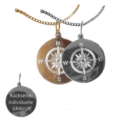 Personalisierte Kompass Kette aus Edelstahl mit Anhänger und Rückseitengravur in Silber- oder Goldoptik.