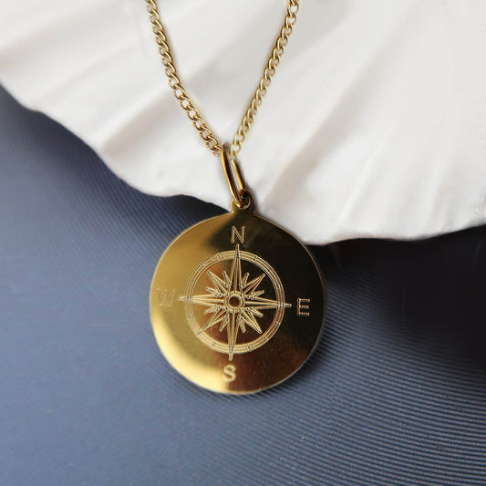  Edelstahl Kette mit Kompassmotiv in Gold