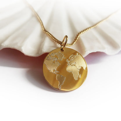 Weltkarten Kette aus Edelstahl in Gold