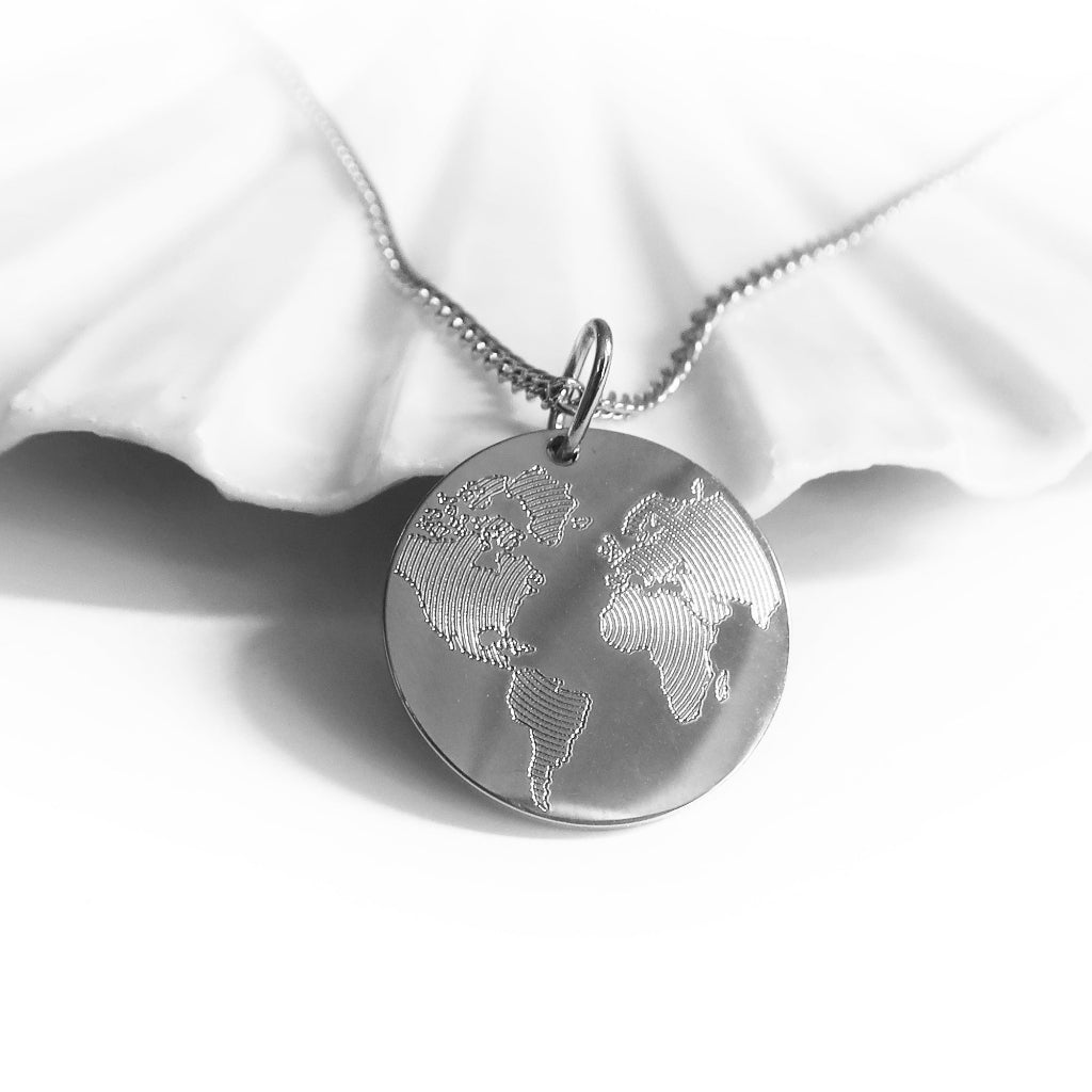 Weltkarten Kette aus Edelstahl in Silber