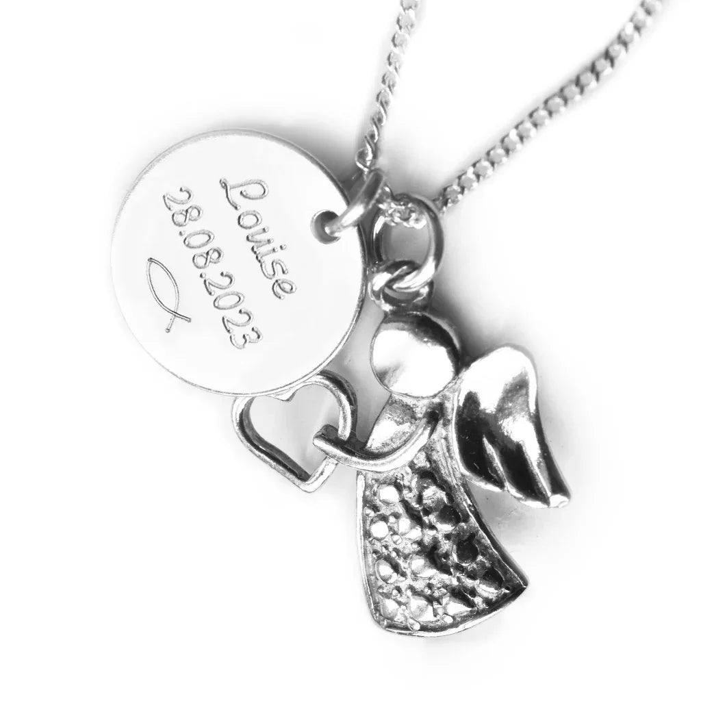 Personalisierte christliche Kinderkette aus 925 Silber mit Engel-Anhänger und Gravurplatte