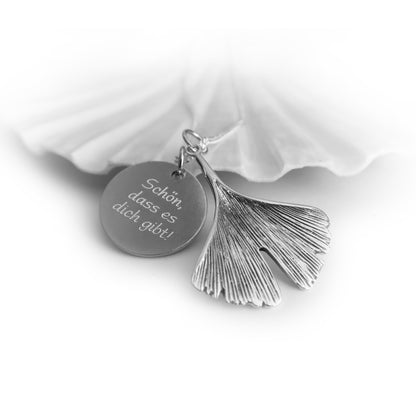 Runde Gravurplatte und Gingkoblatt- Anhänger