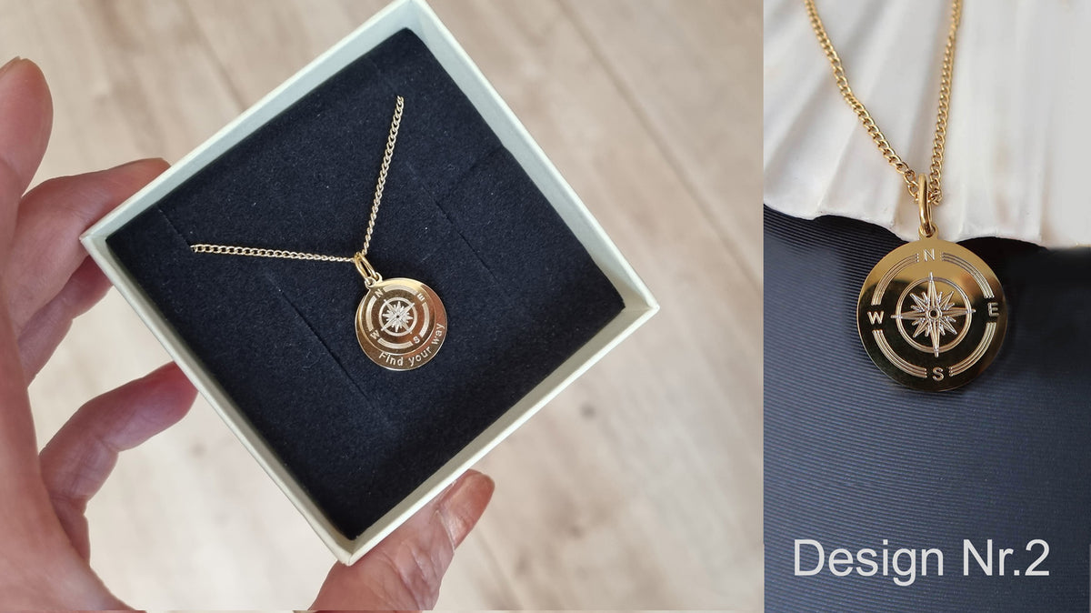Kompass Kette mit zwei Anhängern und Gravur in Geschenkbox (Design 2)