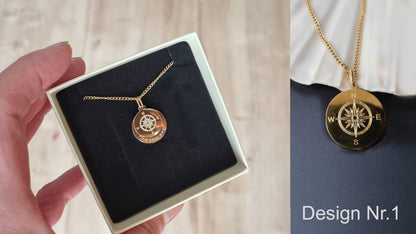 Kompass Kette mit zwei Anhängern und individueller Gravur in Geschenkbox (Design 1)