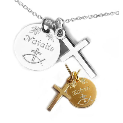 Zarte Kreuzkette mit runder Gravurplatte mit Wunschnamen, in Silber oder vergoldet