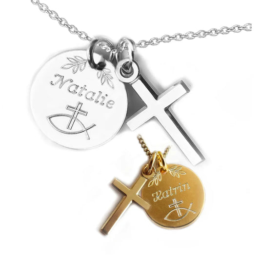 Zarte Kreuzkette mit runder Gravurplatte mit Wunschnamen, in Silber oder vergoldet