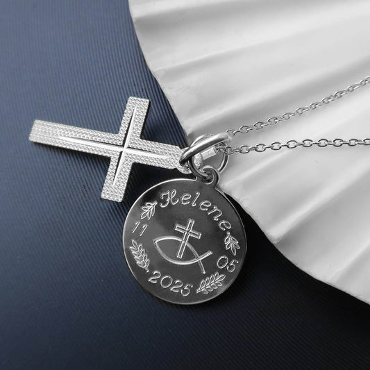 Personalisierte Kette aus 925 Silber mit dekorativem Kreuz und Gravurplatte