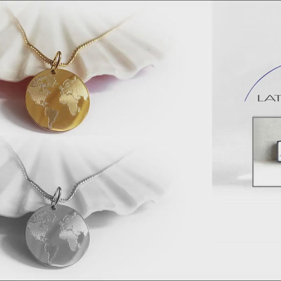 Weltkarten Kette aus Edelstahl in Silber und Vergoldet mit Gravur