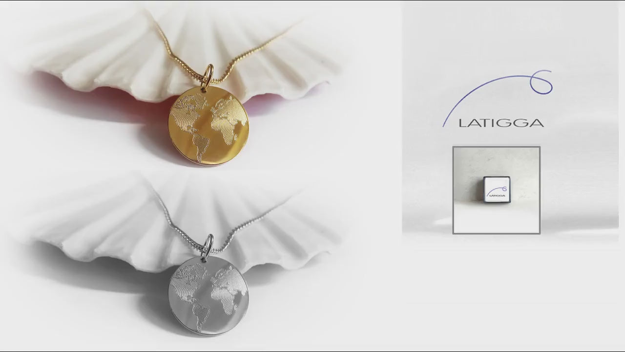 Weltkarten Kette aus Edelstahl in Silber und Vergoldet mit Gravur