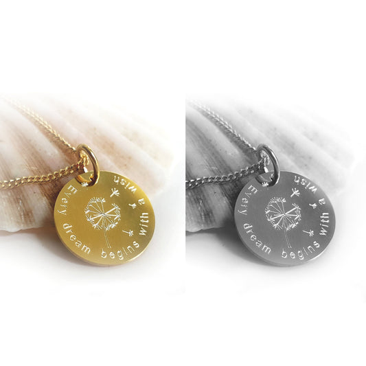 Pusteblumen-Kette mit individueller Gravur aus Silber oder vergoldet