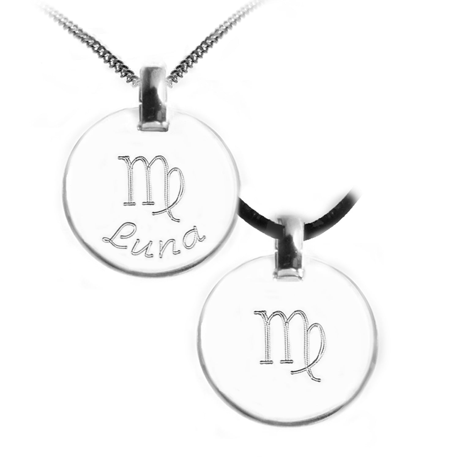 Personalisierte Kette mit einem runden Anhänger mit Sternzeichen, einen einen Namen oder einen kurzen Text 