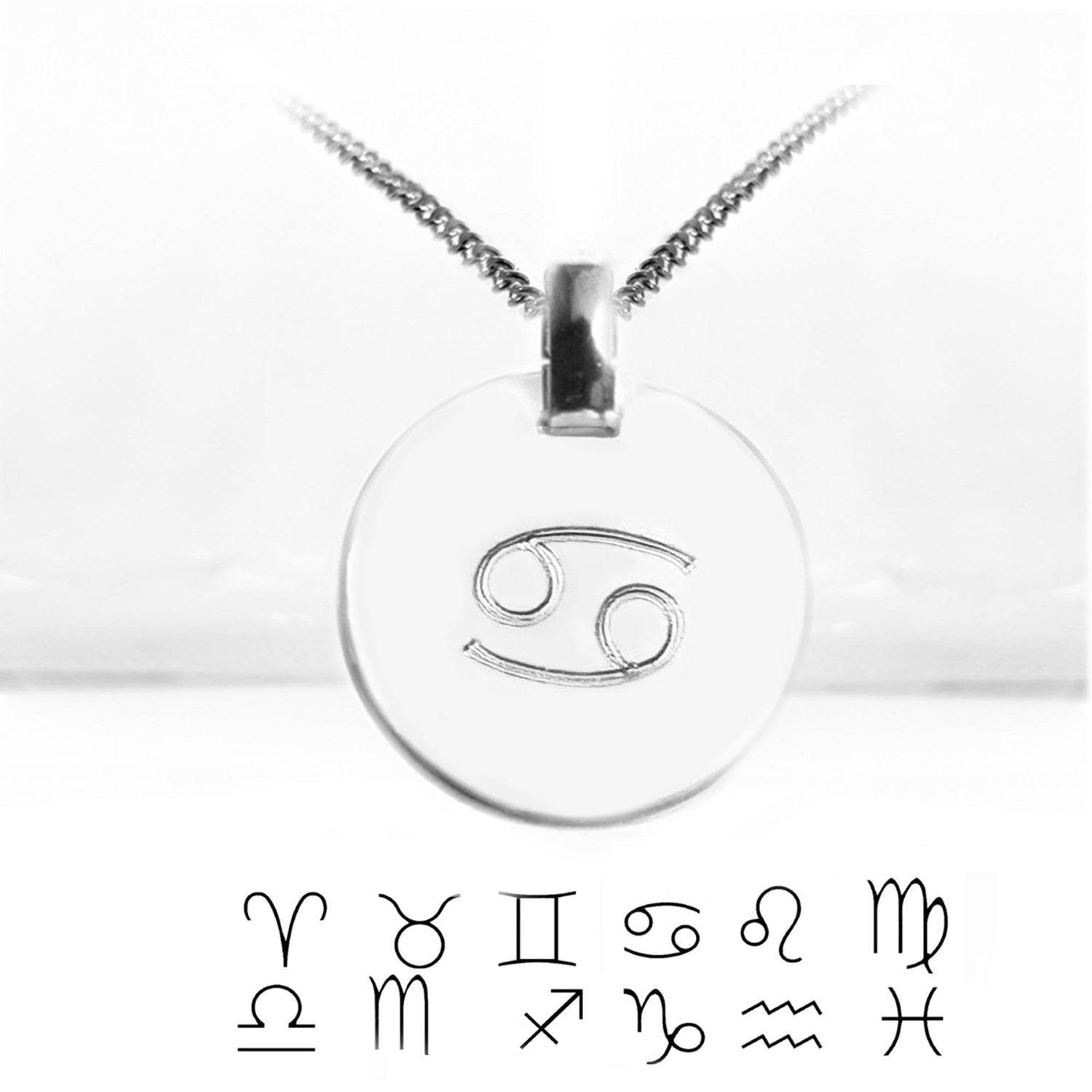 Silberkette mit rundem Anhänger  mit Sternzeichen – zusätzlich alle Sternzeichensymbole