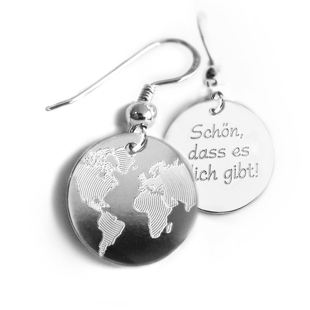 Runde  Ohrhänger aus 925 Silber mit feinem Weltkartenmotiv