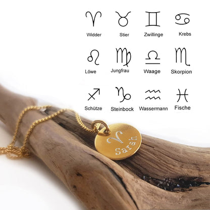 Sternzeichen Halskette mit persönlicher Gravur und alle Zodiac Zeichen
